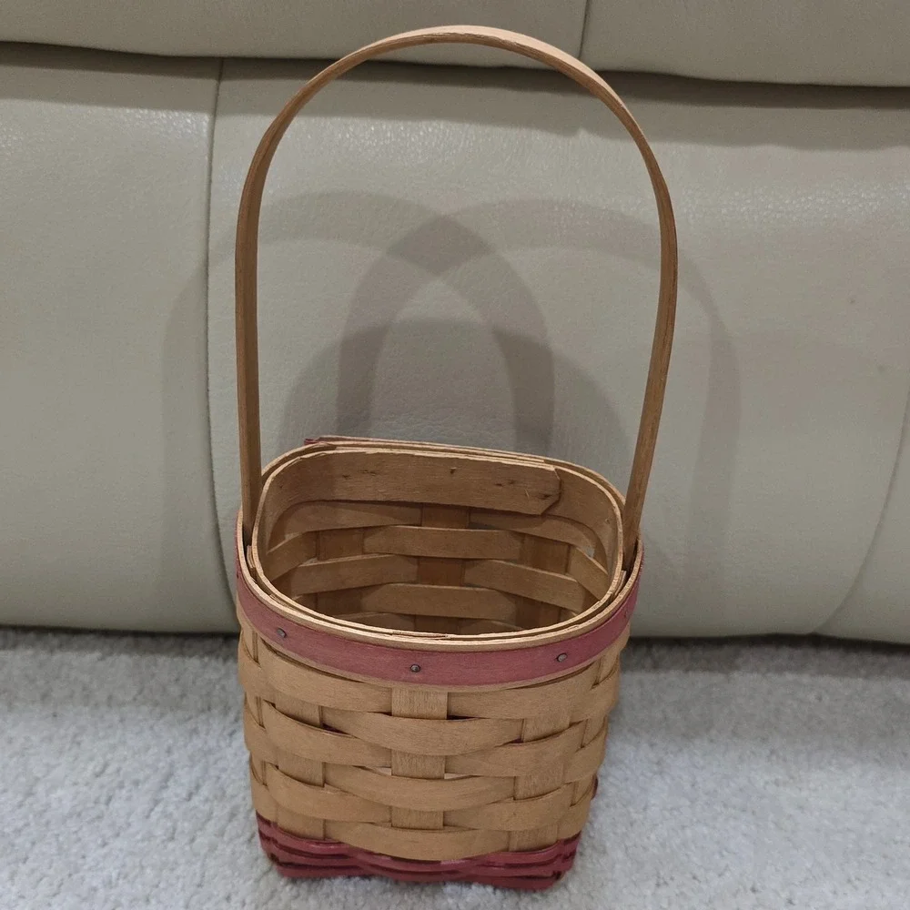 Vintage Workshops of Gerald E Henn Handwoven Wood Basket Red Trim Small Accent